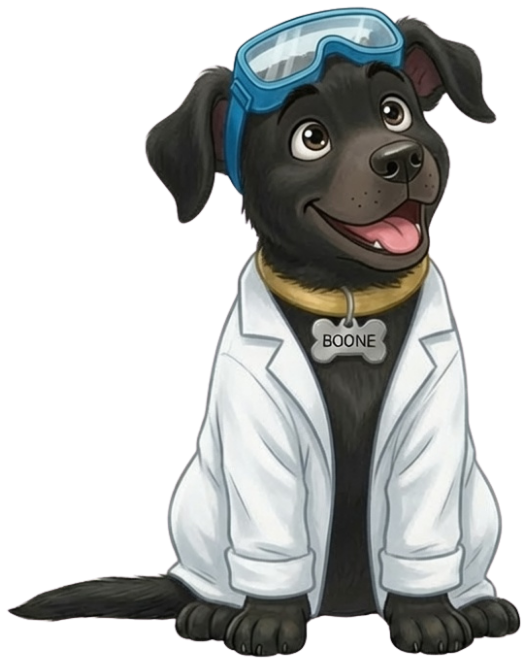 Boone, the Lolli Learning mascot, in a lab coat