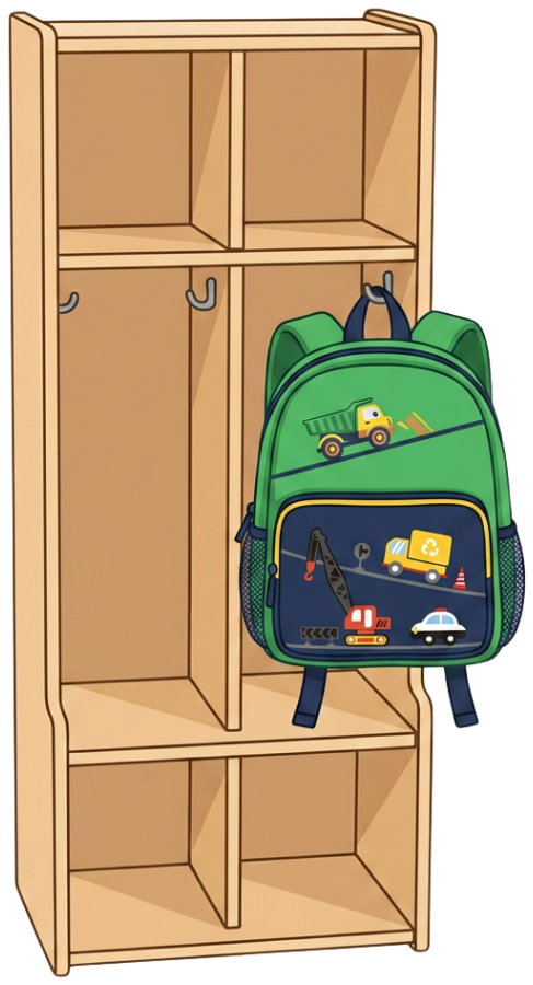 A preschool cubby with a backpack hanging on it